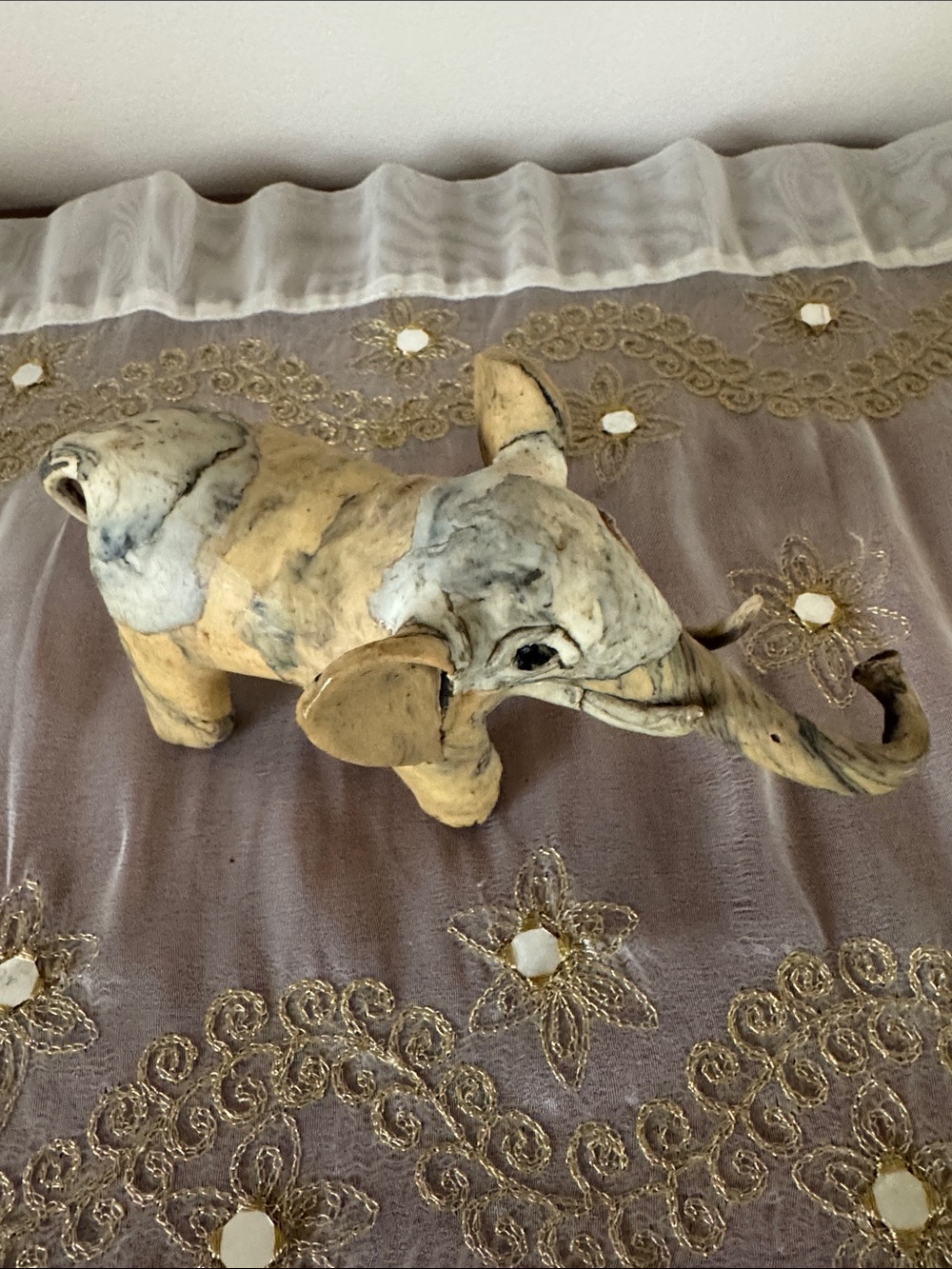 Vintage Handcrafted Elephant Figurine in Cream and Gray